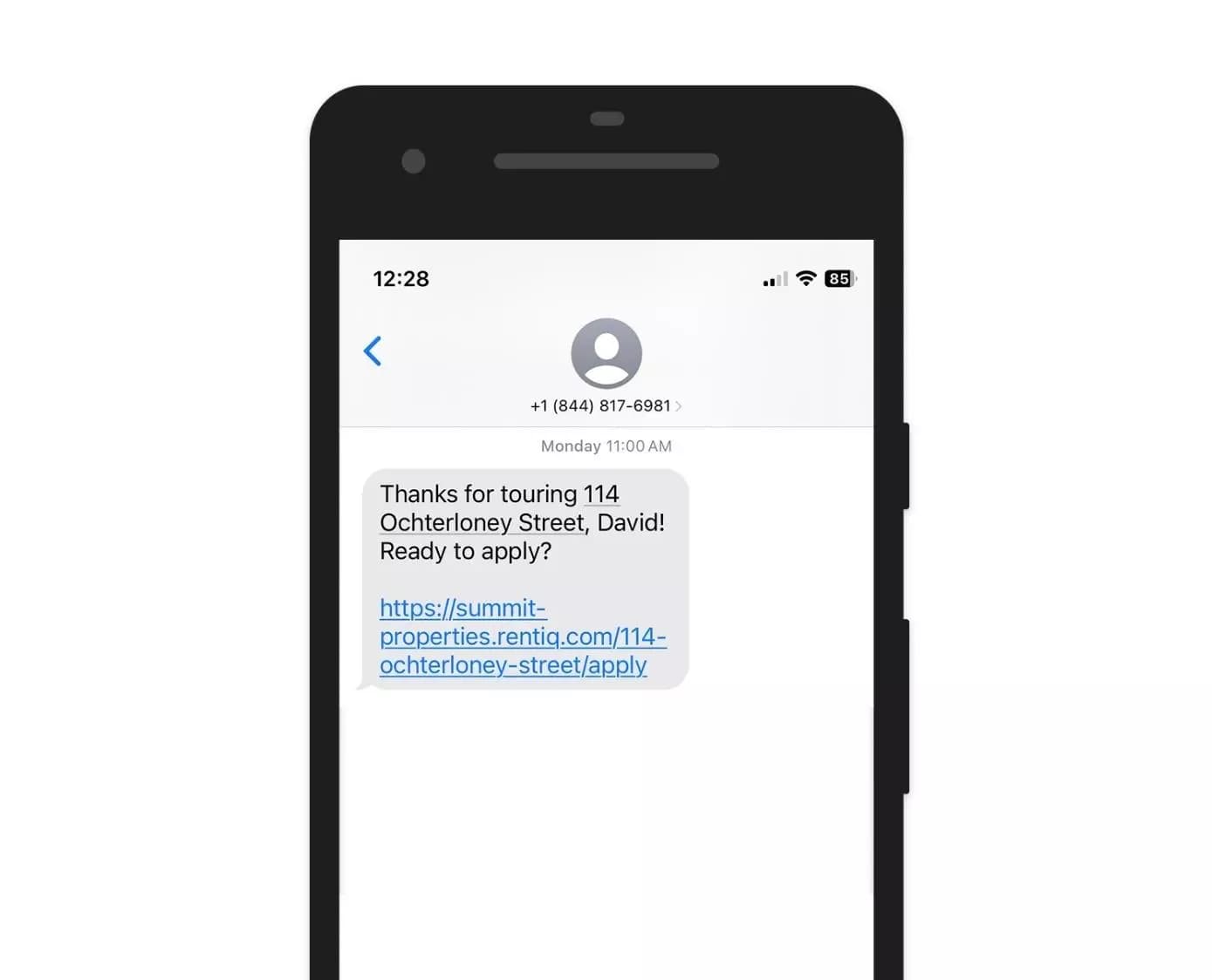 Post-tour follow-up text with personalized message and application link