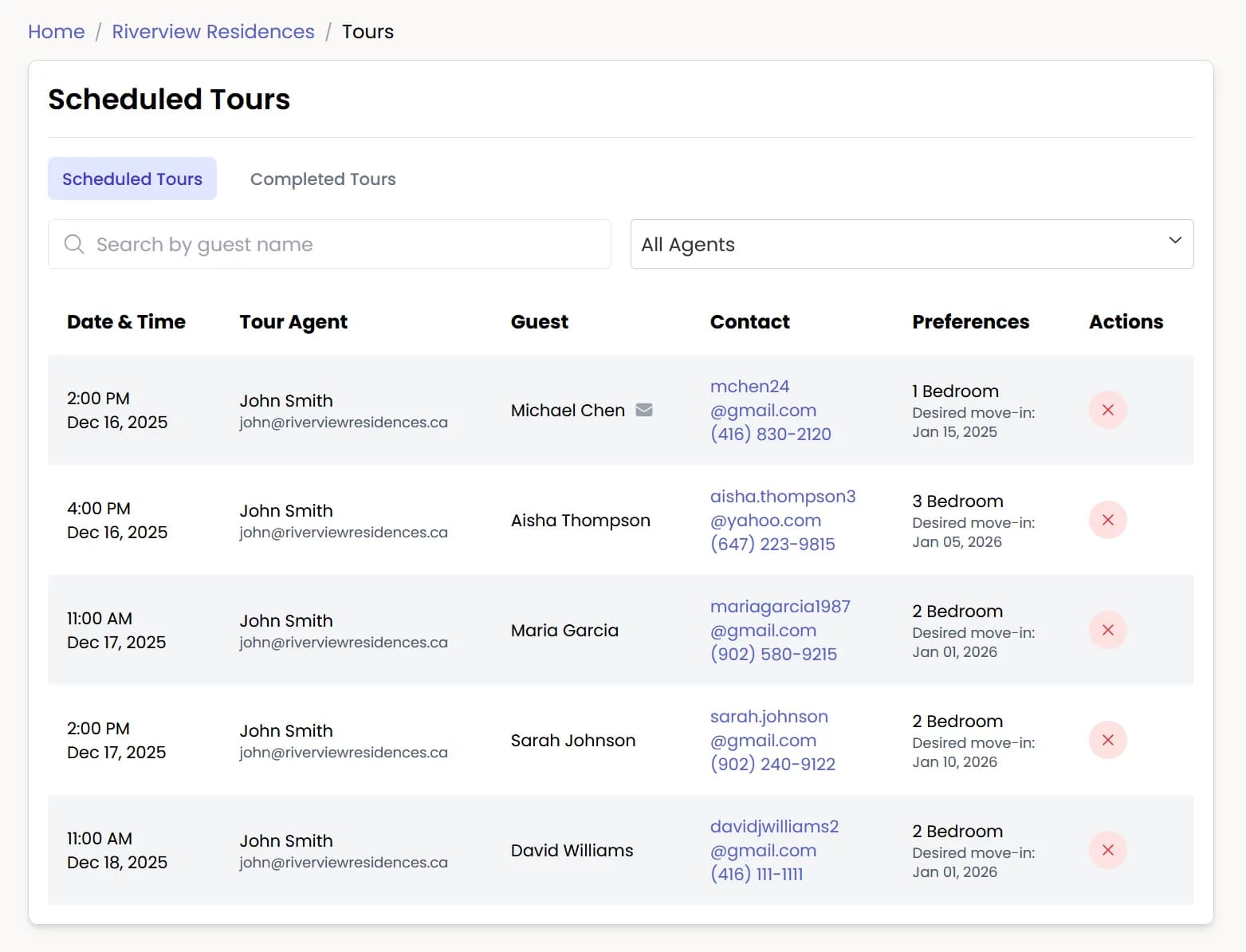 Tour management dashboard showing scheduled tours with search, agent filter, and prospect details