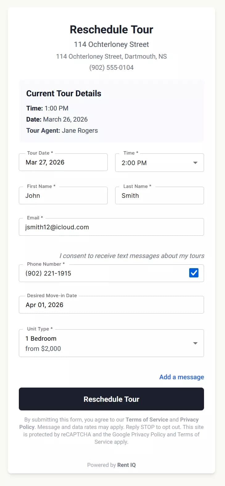 Guest reschedule form with date picker, time slot selector, and contact information