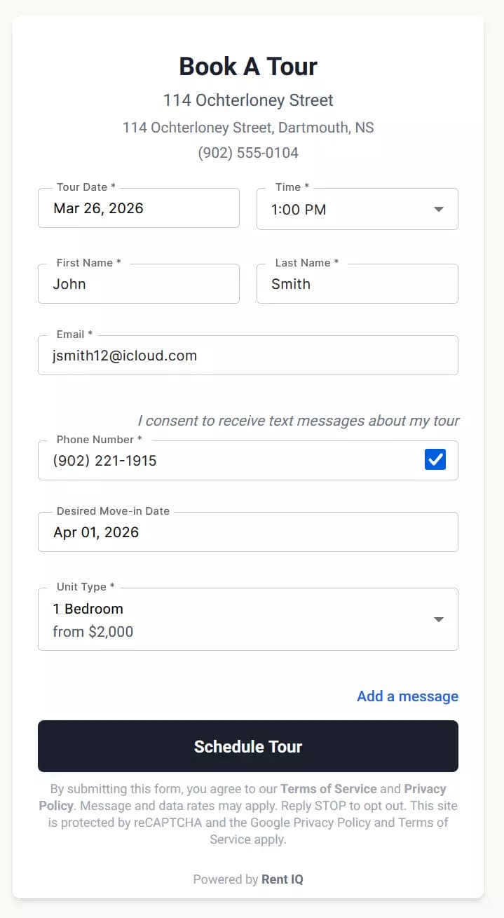 Tour booking form showing date selection, tour times, and guest information fields